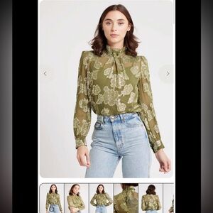 Mille Olive Gold Leaf Jacquard Blouse